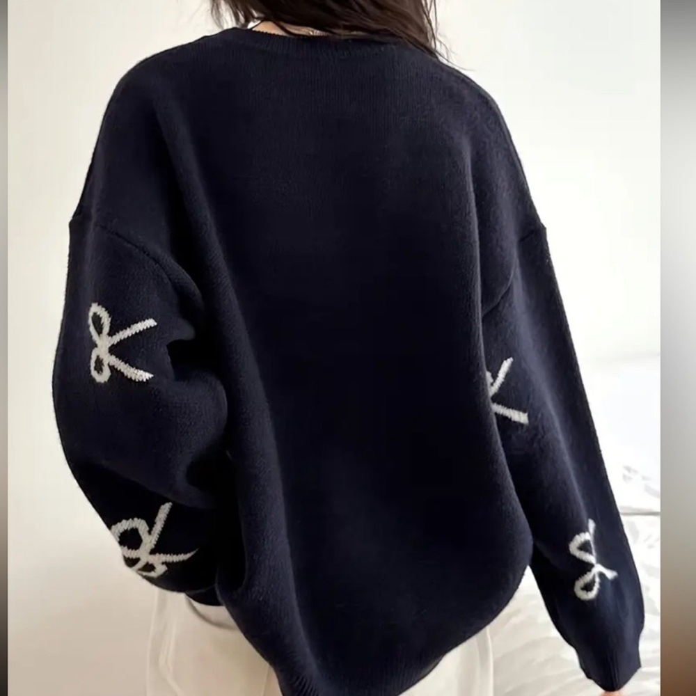 Navy Blue Women's Knit Crew Neck Sweater - Picture 2 of 2